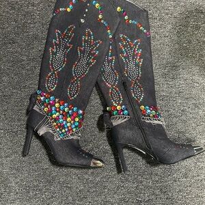 Gianni Bini Blue Boots with Colorful Beadwork